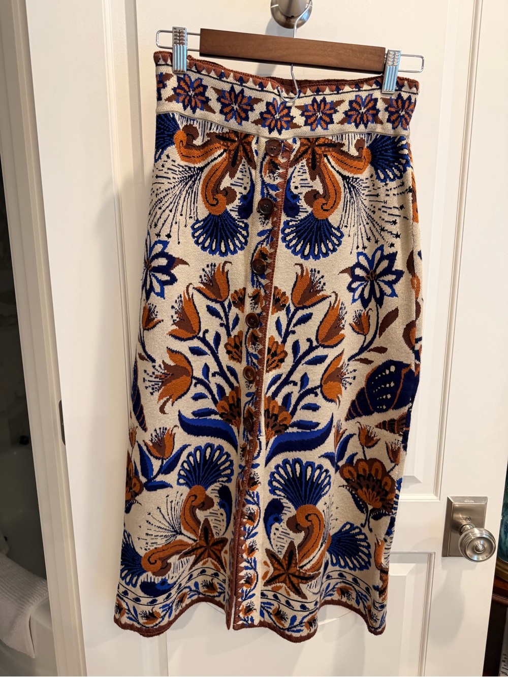 Farm rio button Button-Front Knit Midi Skirt in Cream, Navy & Brown western - Picture 2 of 5
